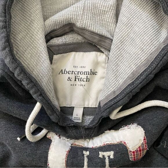 Abercrombie & Fitch Hoodie Gray Red Plaid Cream Large Retro - Picture 3 of 8
